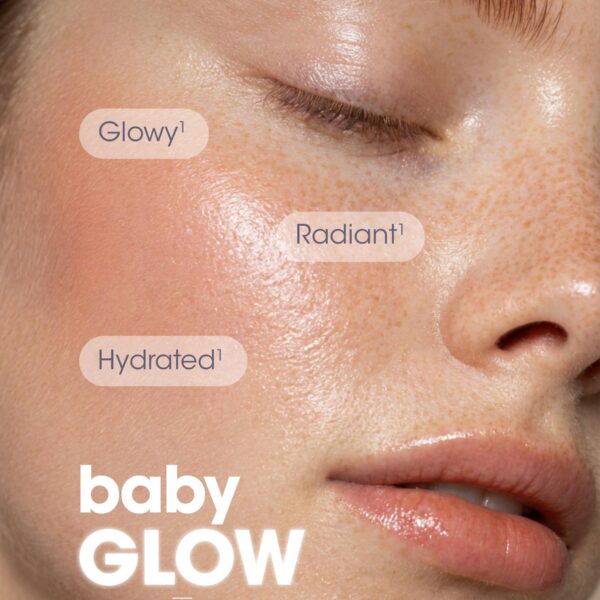 Close up of a woman's cheek labelled glowy, radiant and hydrated, the three effects patients report after Teoxane babyGLOW.